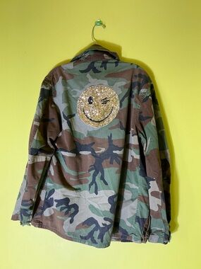 Camo Military Jacket with Gold Sequin Winking Smiley Patch